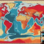 Um mapa mundi com os continentes em tons avermelhados demonstrando os perigos das mudanças climáticas, entre eles o aquecimento global. Uma ampulheta mostra que o tempo de tentar reverter esse quadro está acabando
