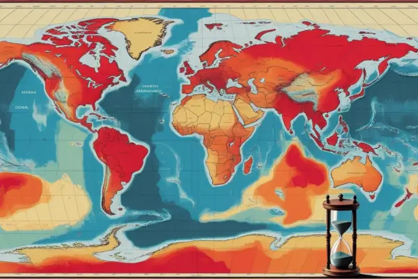 Um mapa mundi com os continentes em tons avermelhados demonstrando os perigos das mudanças climáticas, entre eles o aquecimento global. Uma ampulheta mostra que o tempo de tentar reverter esse quadro está acabando