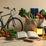 Vários itens que remetem a atitudes sustentáveis como bicicleta, reciclagem de lixo, canudos de inox, ecobags, alimentos orgânicos