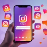 Uma mão segurando um celular que mostra em sua tela a imagem da rede social Instagram e vários emojis associados a rede, além das cores características da mesma (tons de rosa e lilás)