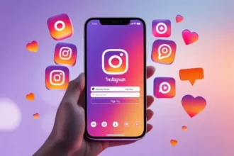 Uma mão segurando um celular que mostra em sua tela a imagem da rede social Instagram e vários emojis associados a rede, além das cores características da mesma (tons de rosa e lilás)