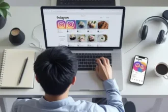 Homem jovem branco de frente para uma mesa com computador , com o celular ao lado. Ambos abertos na página do Instagram