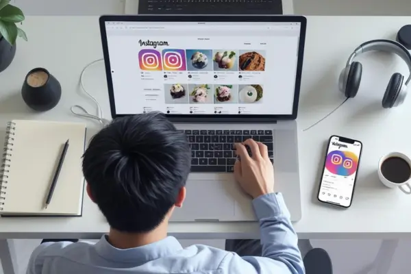 Homem jovem branco de frente para uma mesa com computador , com o celular ao lado. Ambos abertos na página do Instagram
