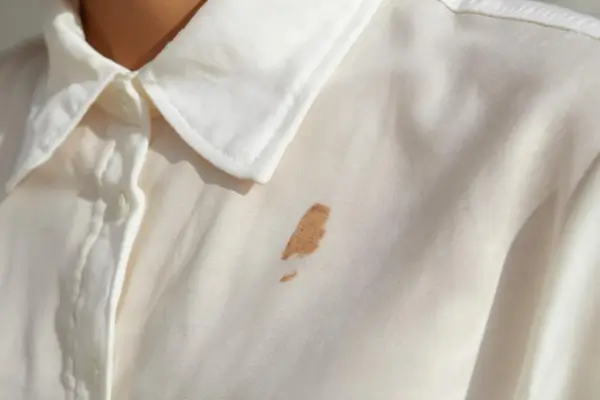Blusa branca com mancha de base de maquiagem, ilustrando a dificuldade de remover cosméticos de tecidos claros. Saiba como tirar mancha de base da roupa.