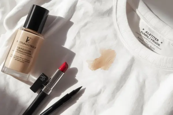 Frascos de base, batom e delineador posicionados ao lado de uma camiseta branca, ilustrando manchas de maquiagem em roupas. Dicas de como tirar mancha de base de roupa