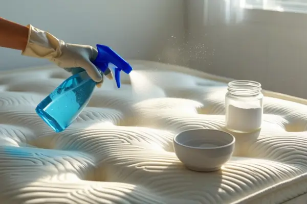 Mão borrifando solução caseira para limpar xixi do colchão sem deixar cheiro, com bicarbonato de sódio e tigela de vidro ao lado.