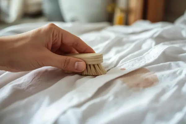 Mão aplicando solução caseira em mancha de roupa branca com escova macia aplicando técnicas de como tirar mancha de roupa branca
